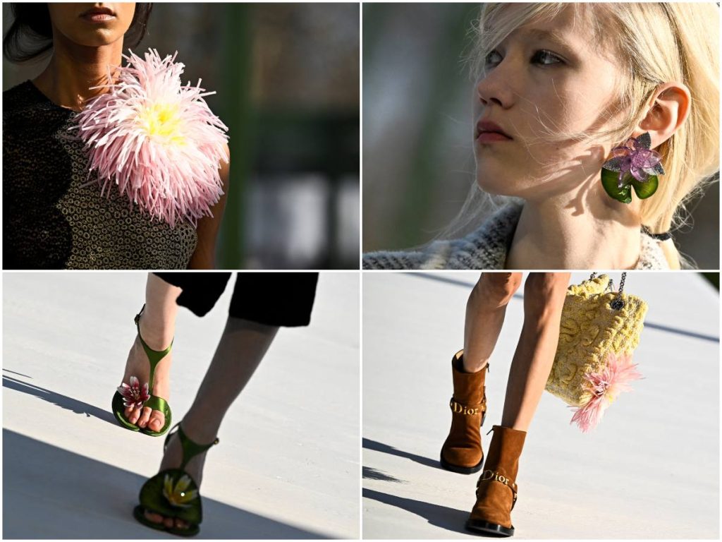Collage de detalles de la colección de Dior en París con flores, accesorios botánicos y calzado escultural que refuerzan la inspiración natural de Jonathan Anderson. 
