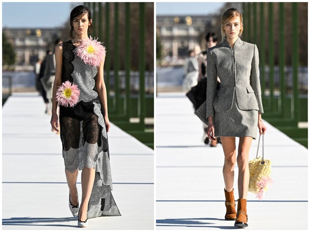 Dos looks de la colección femenina de Dior desfilan en París, incluido el icónico traje Bar reinterpretado, junto a siluetas florales de la propuesta de Jonathan Anderson. 