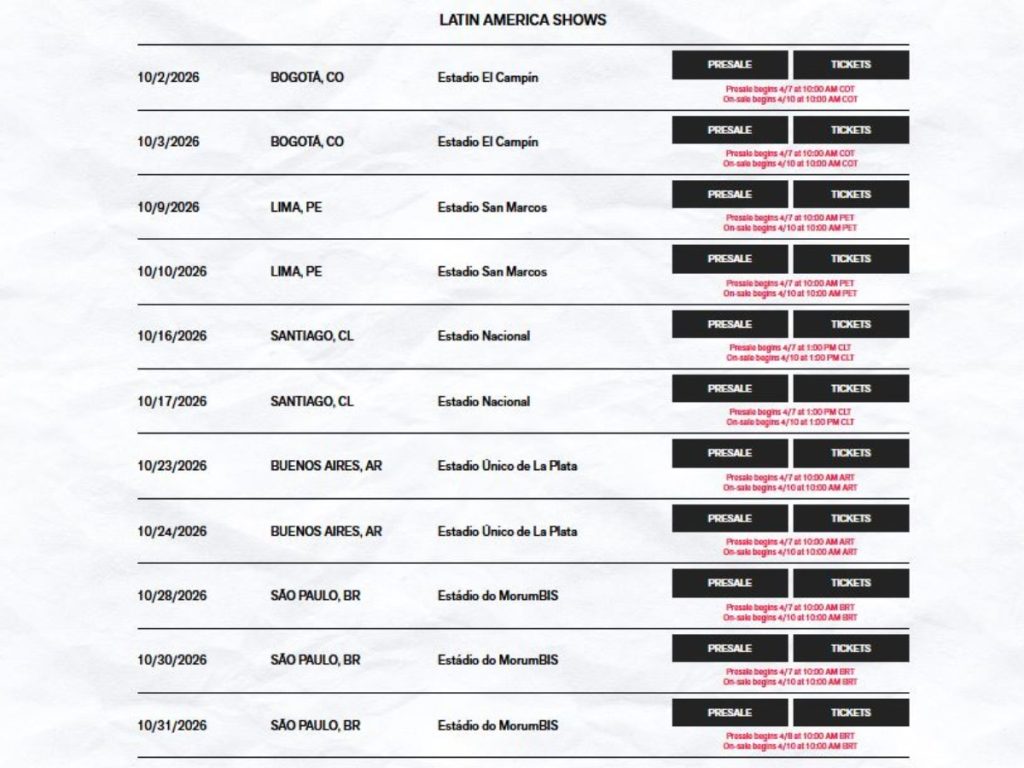 BTS regresará a Latinoamérica con su gira ARIRANG 2026, incluyendo conciertos en México y Sudamérica. Imagen/ website BTS