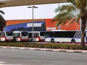Urban bus stop public transport in Dubai city, UAE