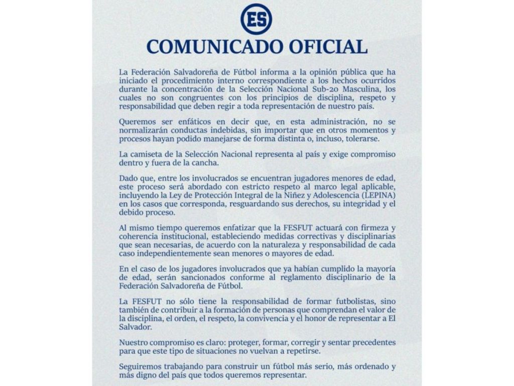 La FESFUT anunció un proceso disciplinario tras hechos ocurridos durante la concentración de la Selección Sub-20 masculina.