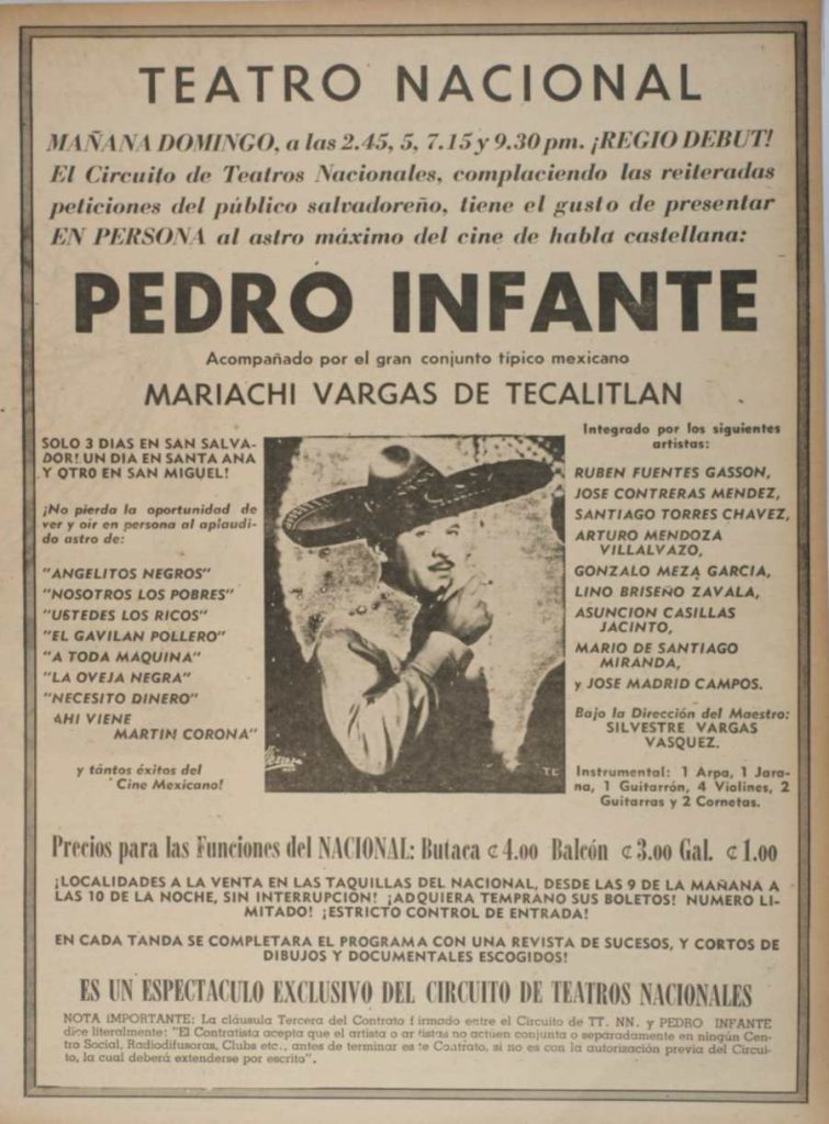 Anuncios publicados en la prensa de la época promocionaban las presentaciones del artista mexicano en el Teatro Nacional de San Salvador.