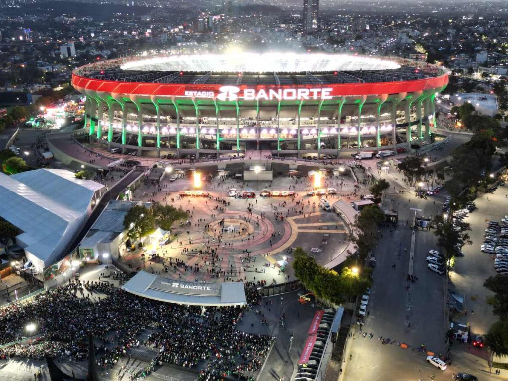 Vista aérea del Estadio Banorte (anteriormente conocido como Estadio Azteca) durante un partido amistoso entre México y Portugal, en la Ciudad de México el 28 de marzo de 2026. Foto AFP