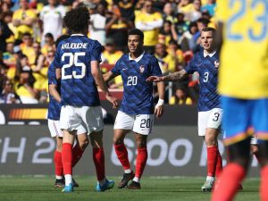 Desiré Doué celebra su gol con Francia ante Colombia. Foto AFP