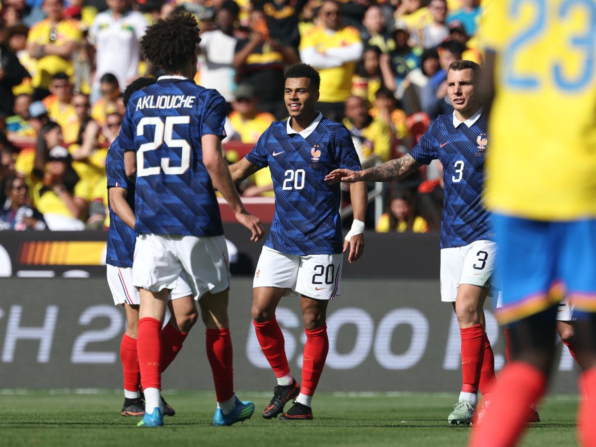 Desiré Doué celebra su gol con Francia ante Colombia. Foto AFP