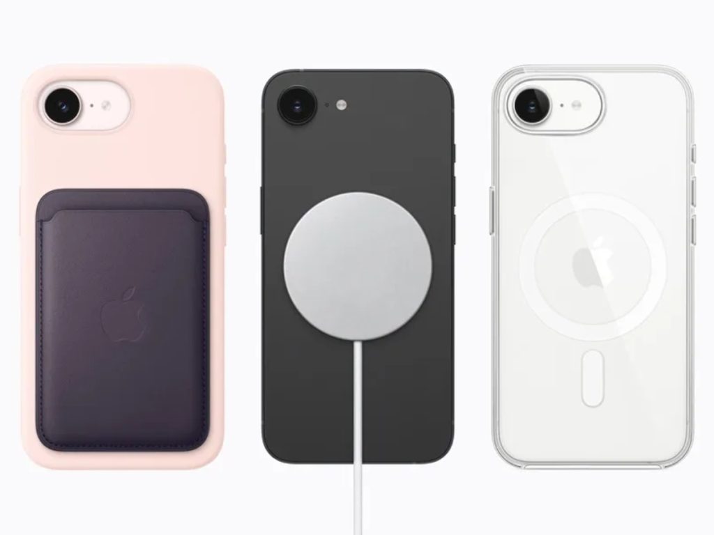 Fotografía cedida donde se observa el nuevo iPhone 17e con sus estaciones de carga. EFE/Apple