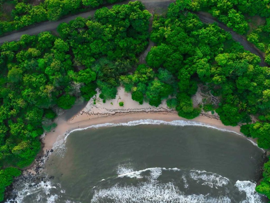 En marea baja, se exponen amplias zonas de arena y formaciones rocosas, revelando la dinámica natural del océano.