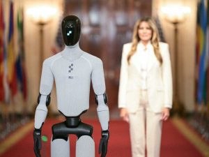 El robot humanoide “Figure 03” acompaña a Melania Trump durante un evento en la Casa Blanca.