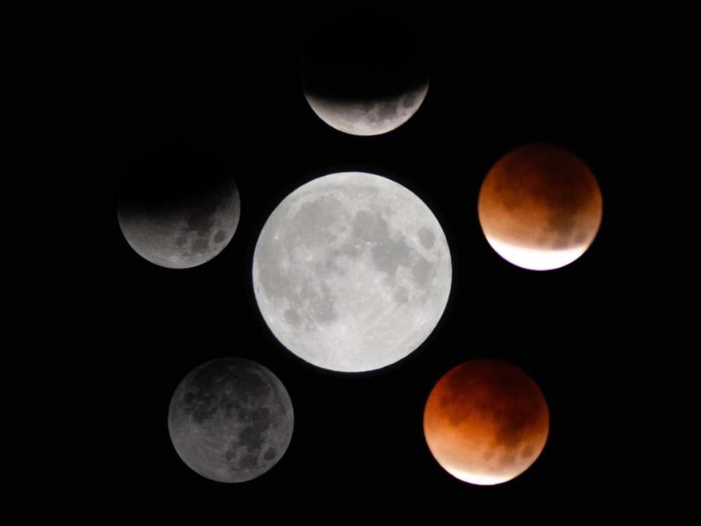 Composición de las distintas etapas del eclipse total de Luna, desde el inicio del oscurecimiento hasta su punto máximo.