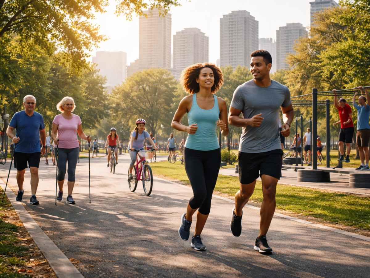 Personas realizan actividad física en un parque urbano, una práctica que especialistas recomiendan impulsar con políticas públicas para mejorar la salud.