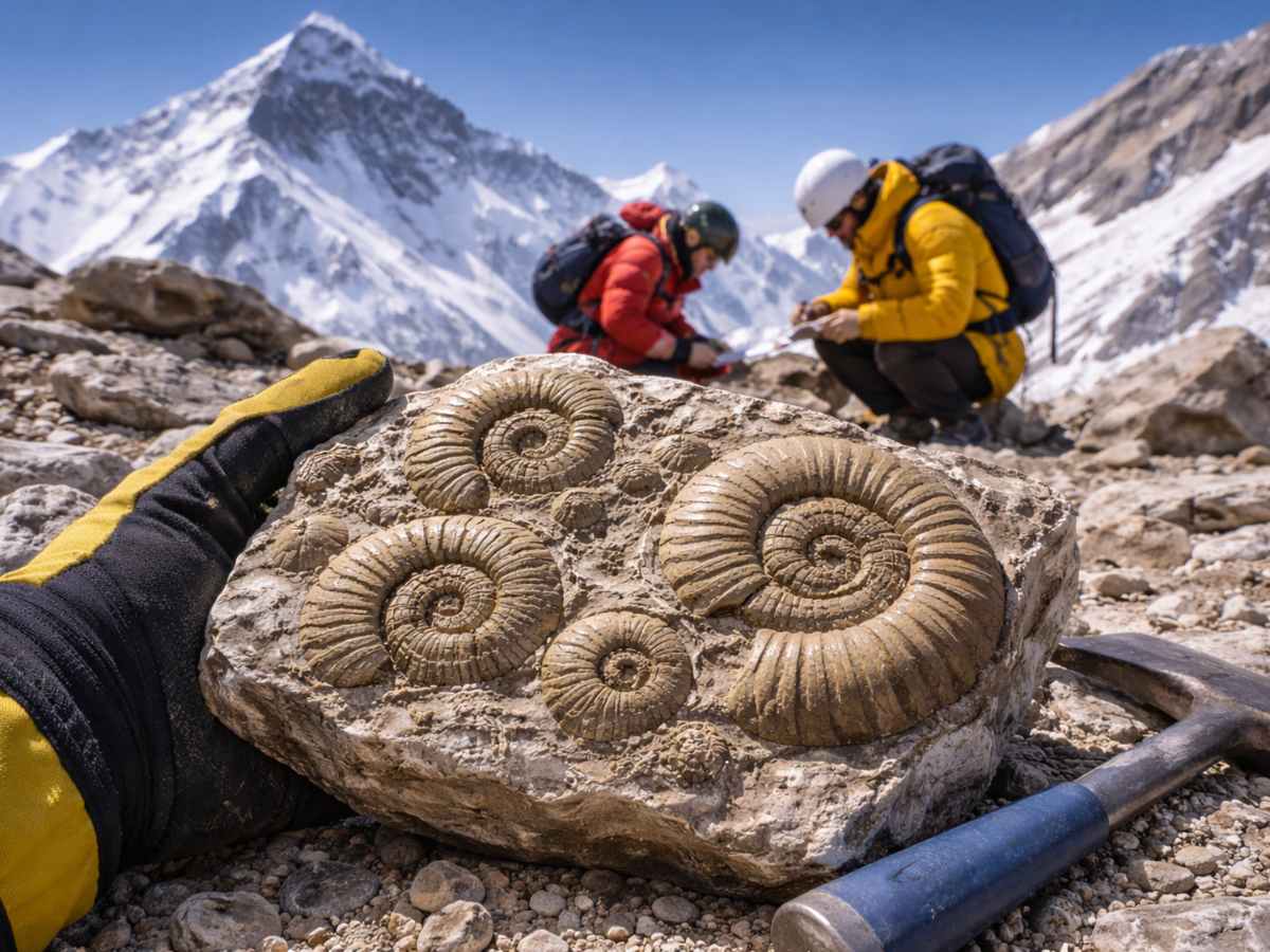 Fósiles marinos en forma de espiral hallados en rocas del Monte Everest evidencian que la zona fue parte del fondo de un antiguo océano hace millones de años.