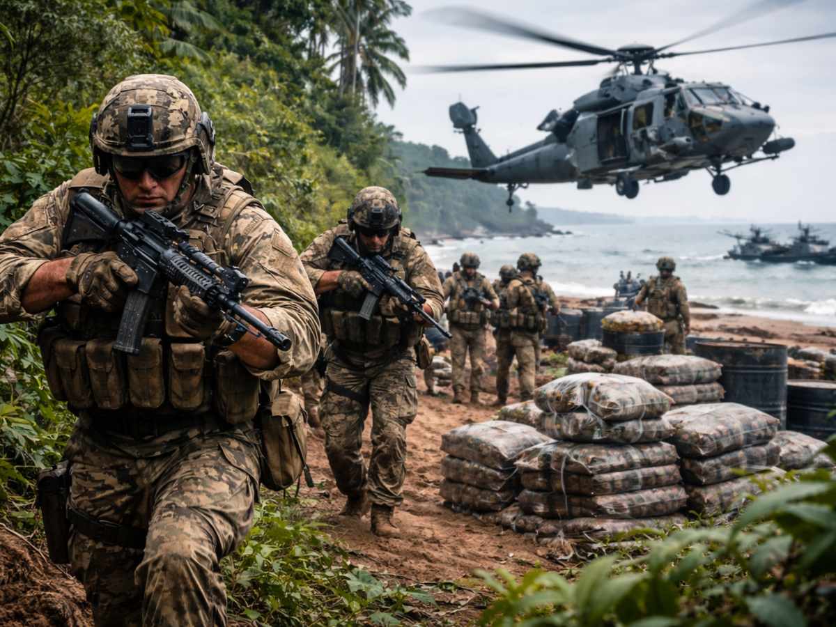 Militares realizan un operativo antidrogas en una zona costera durante una misión contra redes del narcotráfico en la región.