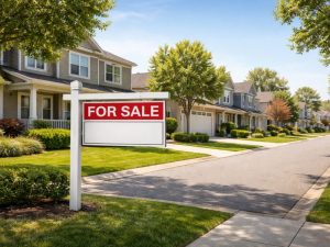 Un cartel de “For Sale” frente a una vivienda en Estados Unidos, símbolo del movimiento del mercado inmobiliario.