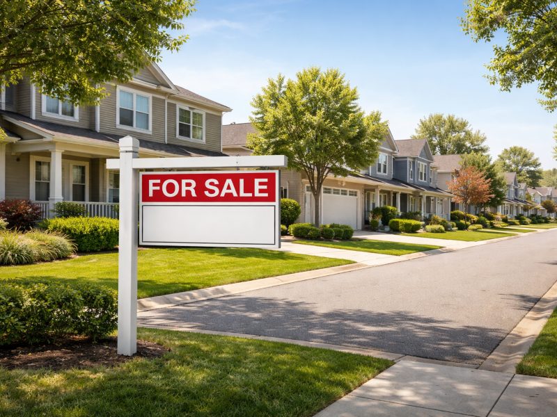 Un cartel de “For Sale” frente a una vivienda en Estados Unidos, símbolo del movimiento del mercado inmobiliario.