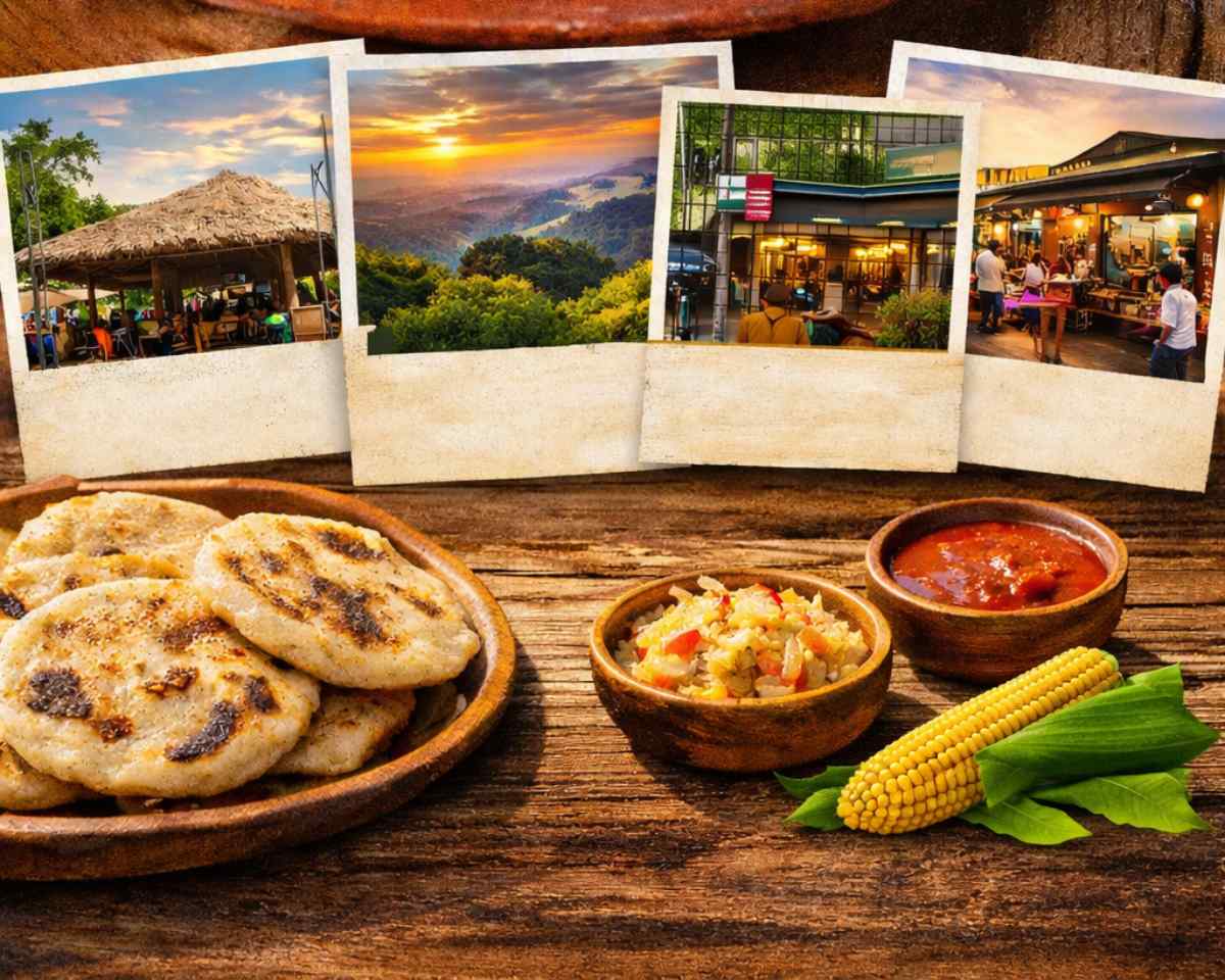 Pupusas recién preparadas acompañadas de curtido y salsa de tomate, uno de los sabores más representativos de la cocina tradicional de El Salvador.