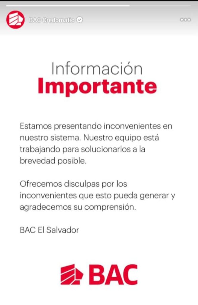 Captura de pantalla del comunicado oficial del BAC donde indica las fallas en el sistema de pagos y transferencias.