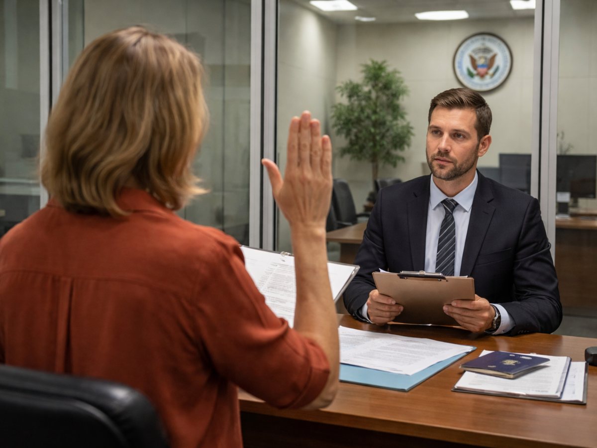 Una persona realiza un trámite consular en una embajada de Estados Unidos, proceso requerido para formalizar la renuncia a la ciudadanía estadounidense.