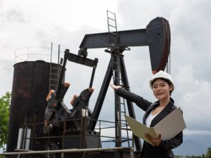 Female engineer standing beside working oil pumps with a sky background.