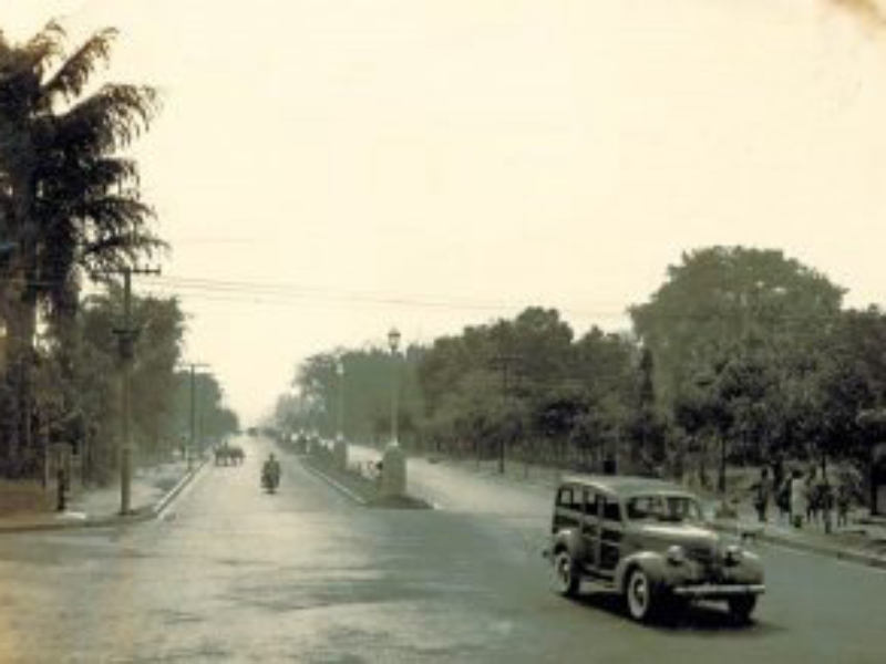 La Doble Vía, con arriate central y farolas. La zona arborizada a la derecha corresponde al parque Cuscatlán. Imagen procedente del Archivo de El Diario de Hoy.