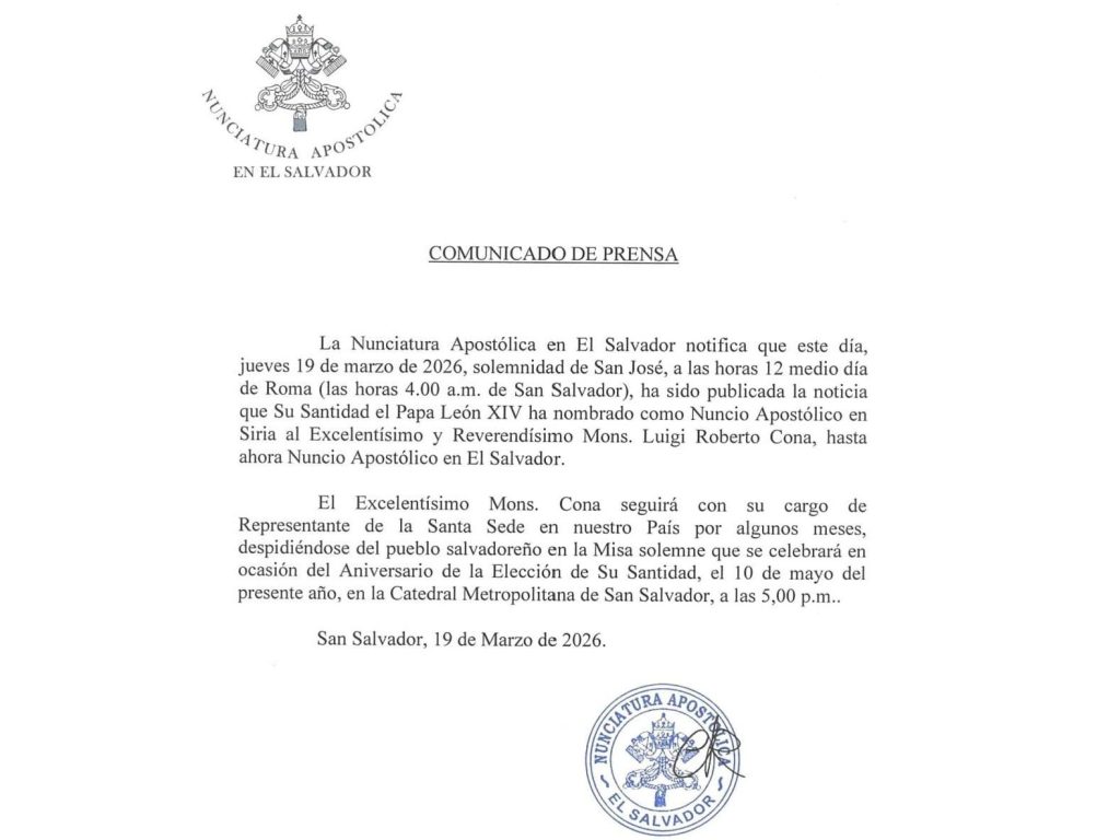 Comunicado oficial de la Nunciatura Apostólica confirma el nombramiento de Mons. Luigi Roberto Cona como nuncio en Siria.
