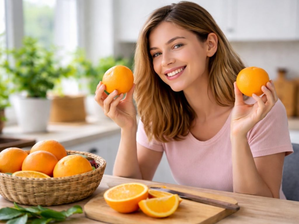 Mujer-sonriente-naranjas-frescas-salud