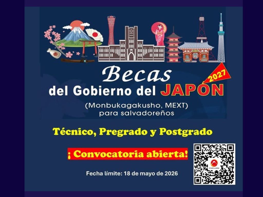 La Embajada de Japón en El Salvador abrió la convocatoria de becas MEXT 2027 para salvadoreños interesados en estudiar en niveles técnico, pregrado y postgrado.