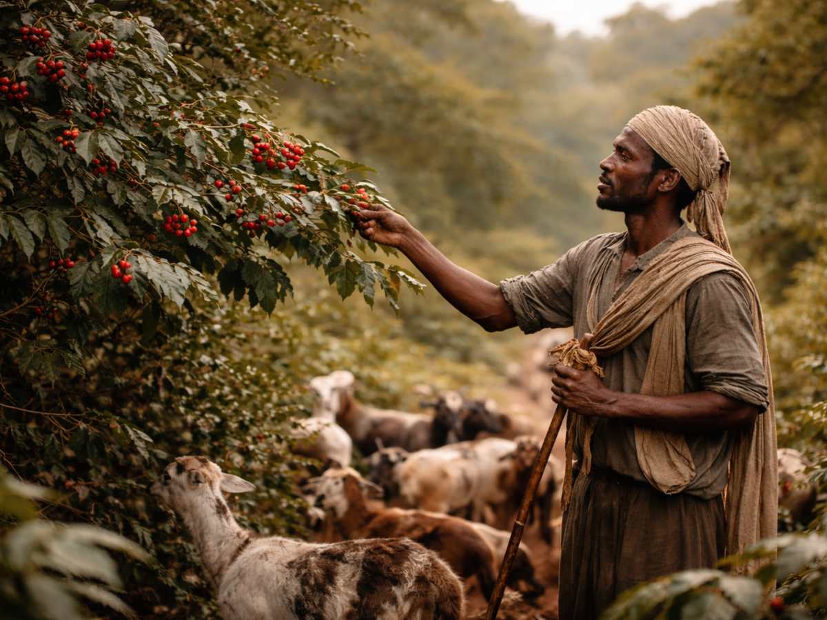 Un pastor observa frutos de café en Etiopía, en una escena inspirada en la leyenda que dio origen a la bebida.