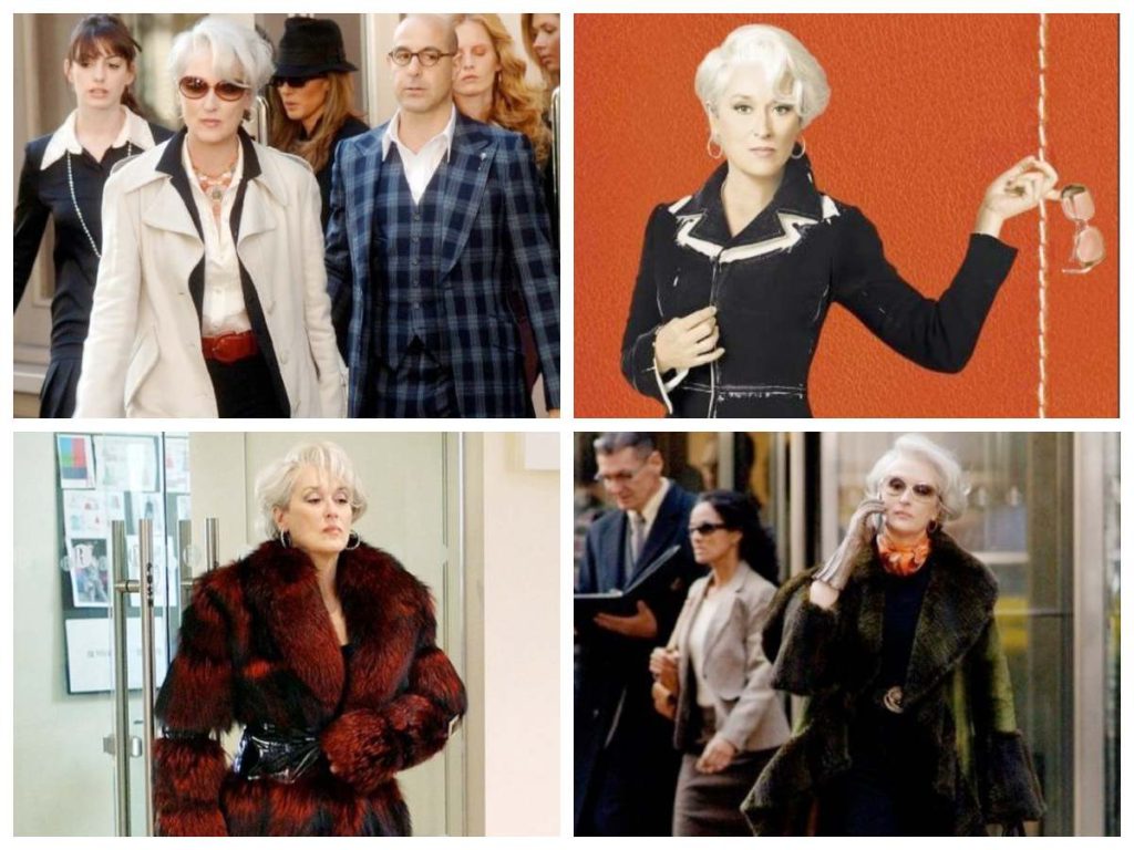 Miranda Priestly impone poder con cada look: siluetas estructuradas, pieles y accesorios precisos que validan su autoridad dentro del sistema moda.