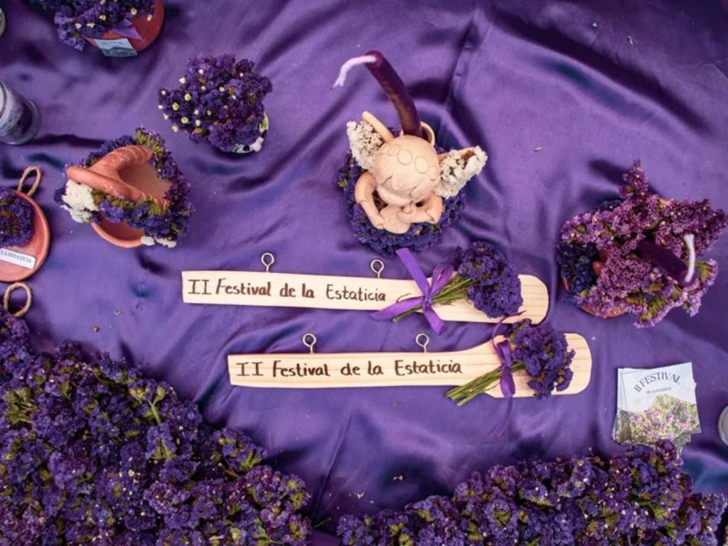 Fotografía que muestra arreglos con flores de la especie Limonium sinuatum, conocida popularmente como «siempreviva» o «inmortal» el 18 de marzo de 2026 en San Pedro Las Huertas (Guatemala). 