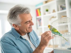 Un adulto mayor interactúa con su ave, reflejando el vínculo cercano que hoy caracteriza a las familias multiespecie en entornos urbanos.