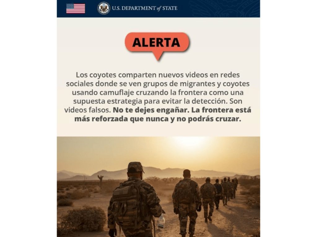 La Embajada de EE. UU. advierte que videos de cruces ilegales en redes sociales buscan engañar a migrantes.