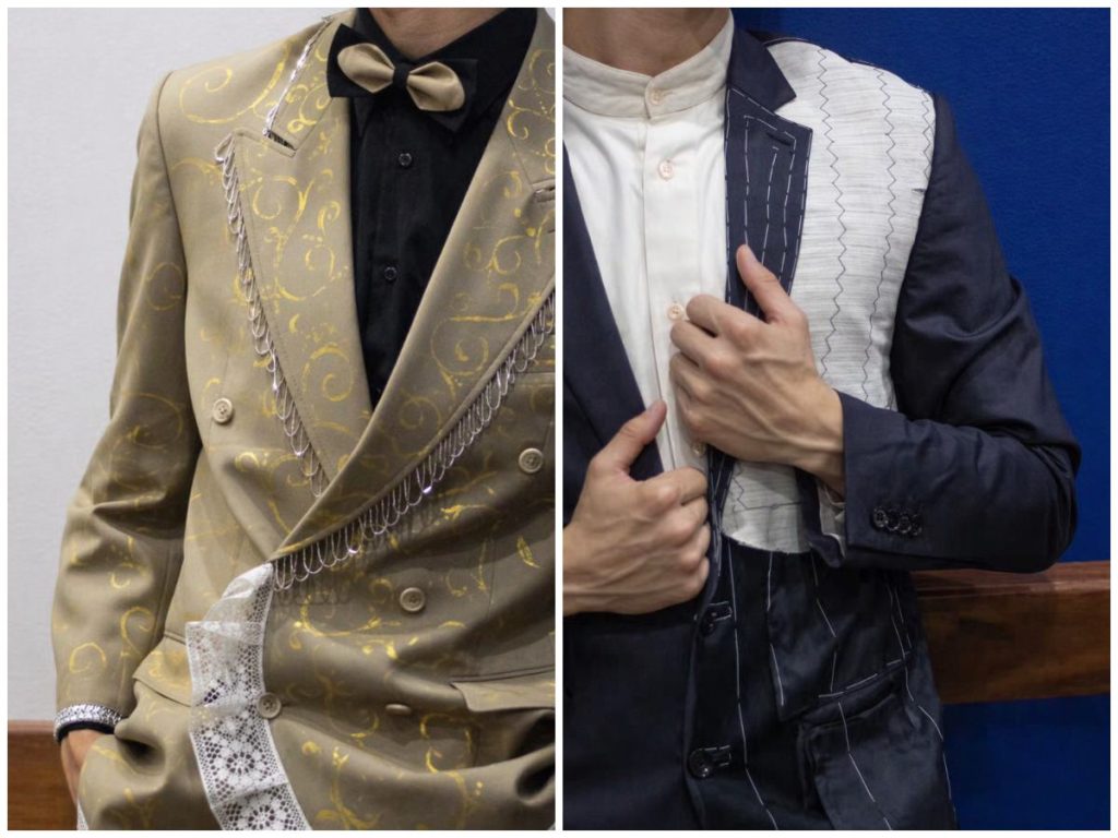 Detalles que cuentan la historia del traje: intervención artística y proceso visible elevan la sastrería a una pieza única hecha a medida.