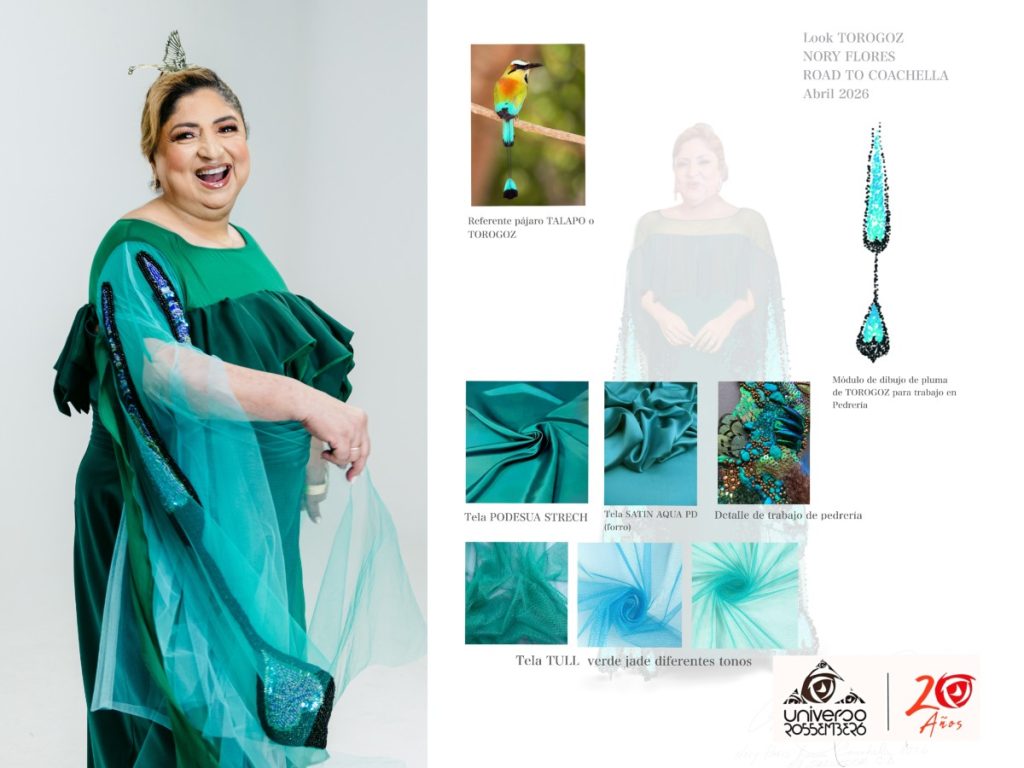 El segundo vestuario de Nory Flores se inspira en el torogoz, ave nacional de El Salvador. Fotografía/ cortesía