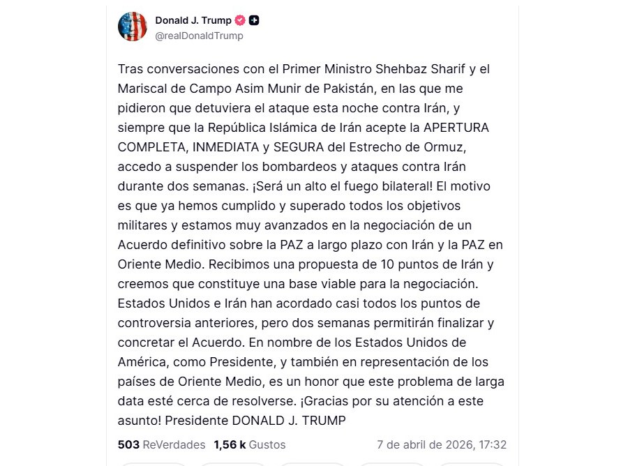 Captura de una publicación en la cuenta @realDonaldTrump en Truth Social del presidente de EE.UU., Donald Trump, este martes que anuncia el aplazamiento por dos semanas el ataque contra las infraestructuras críticas iraníes.