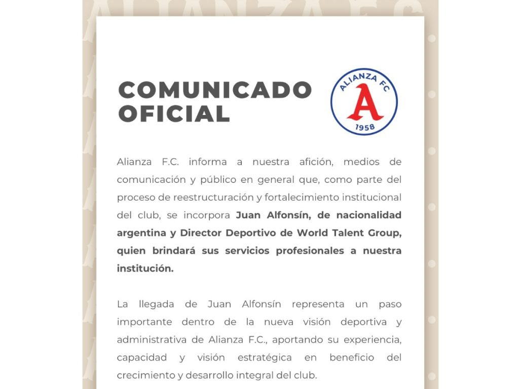 Alianza confirmó la llegada de Juan Alfonsín como nuevo director deportivo.