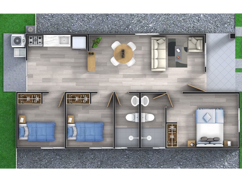 El modelo Chicago es la casa más grande del proyecto y cuenta con 3 habitaciones y 2 baños completos.