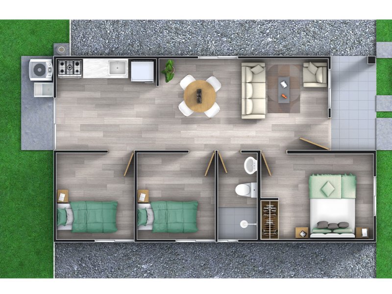 El modelo Miami ofrece 3 habitaciones, sala y comedor integrados, cocina, parqueo privado y zona de servicios exterior.