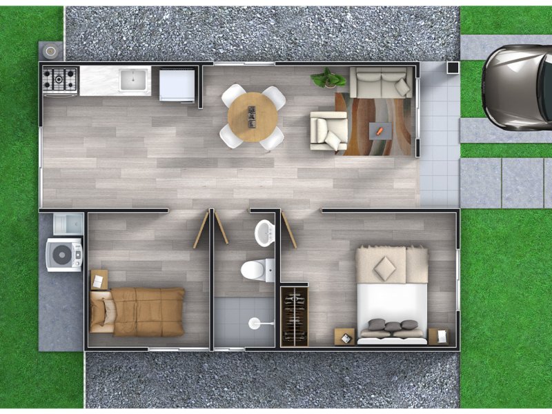 El modelo Orlando cuenta con 2 habitaciones, 1 baño completo, parqueo privado y zona de servicios exterior.