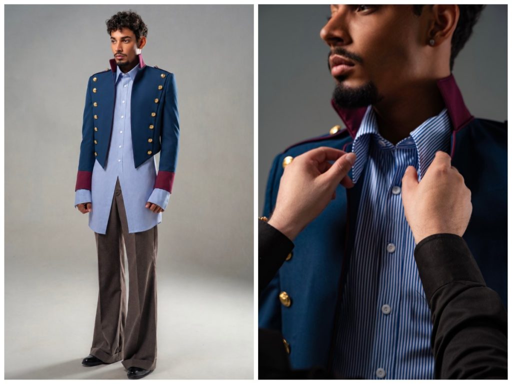 “Latino” destaca una sastrería masculina con carácter, entre chaquetas estructuradas, botones dorados y contrastes de color.