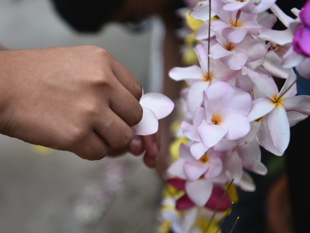 En el Centro Escolar Católico de Panchimalco, estudiantes elaboran palmas decoradas con flores como parte de una tradición cultural y religiosa vinculada a la Cofradía de Las Flores y Las Palmas.