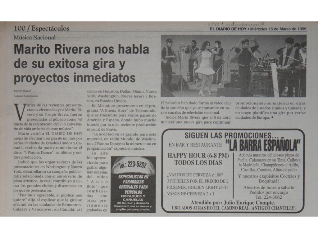 Noticia en El Diario de Hoy sobre gira internacional de Marito Rivera en 1995. Fotografía/ Archivo EDH