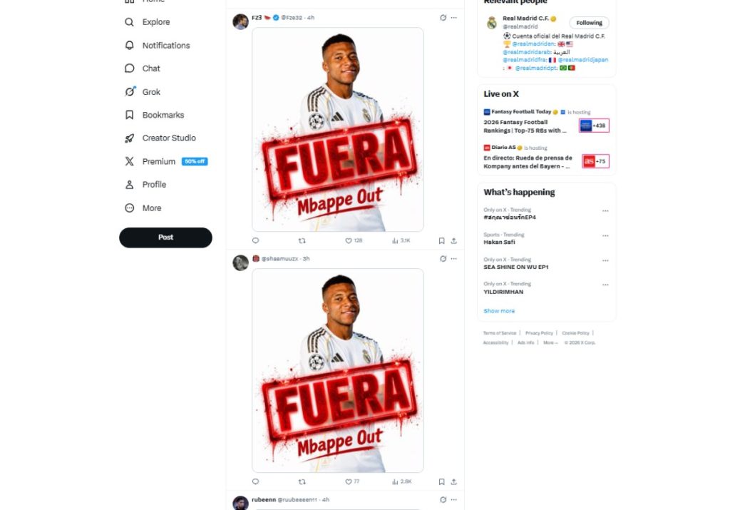 Aficionados del Real Madrid pidiendo que Mbappé salga del Real Madrid en la publicación de X del Real Madrid. Foto Captura de pantalla
