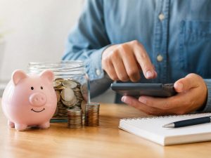 Persona organiza sus finanzas personales mientras ahorra dinero en efectivo para el futuro.