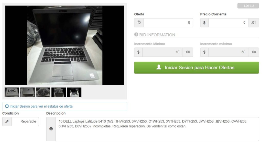 Entre los lotes más destacados se encuentran los lotes de laptops Dell