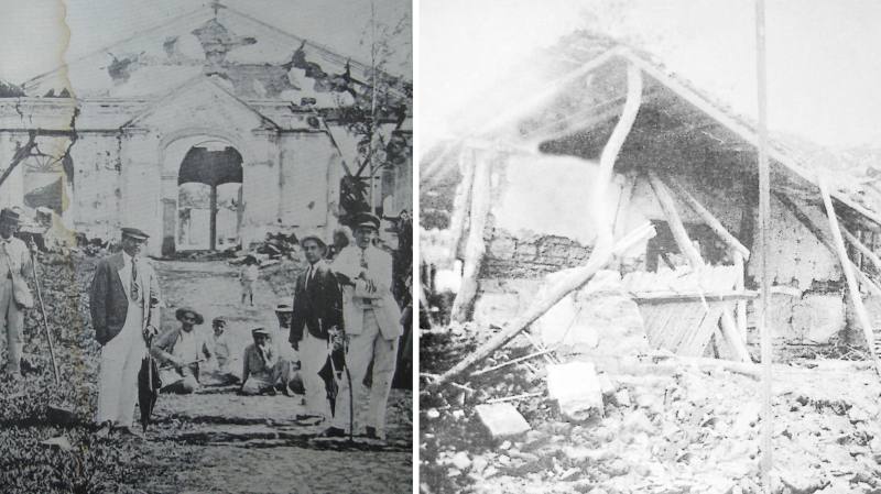 A la izquierda, Fachada de la iglesia de Belén. Sus restos aún pueden verse en el gimnasio del Colegio Belén, en Santa Tecla.A la derecha, los terremotos asociados con la erupción causaron grandes daños materiales en San Salvador y otras localidades. Fotos: cortesía Carlos Cañas Dinarte