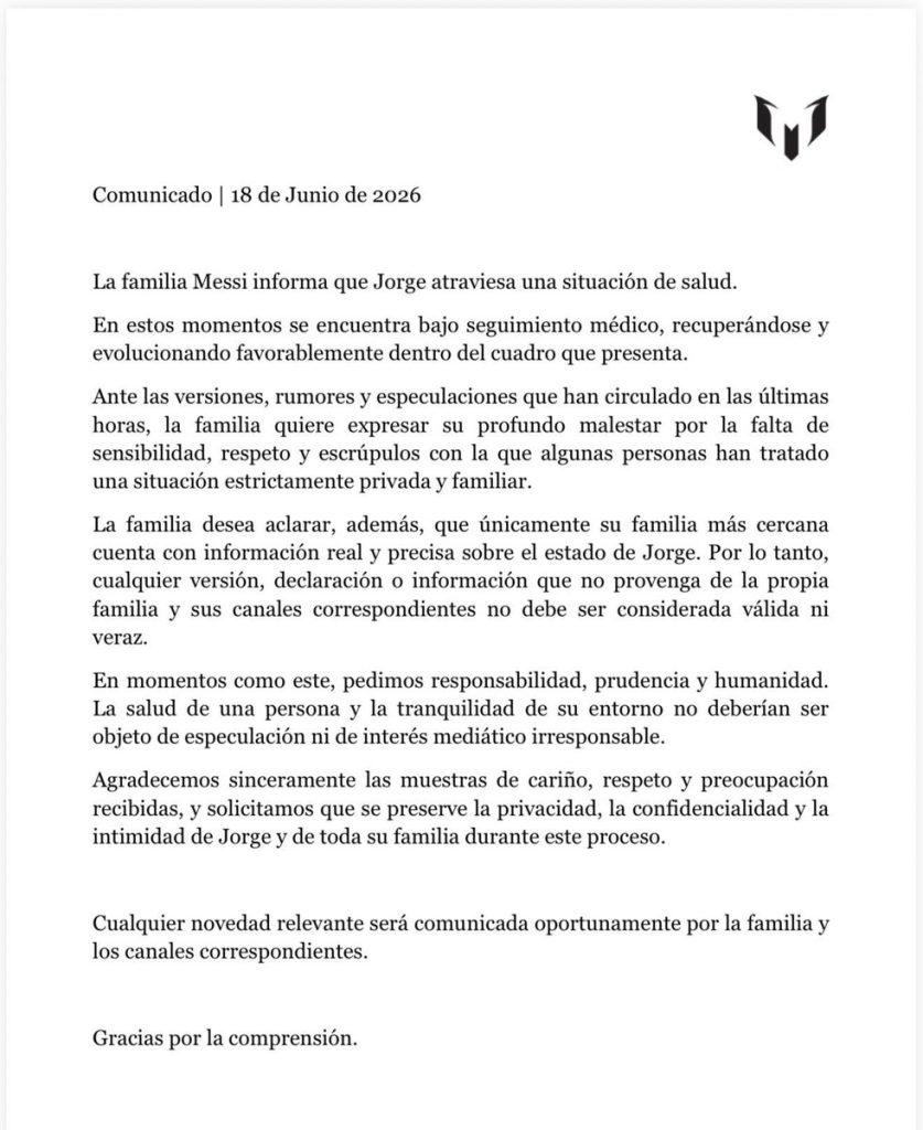 La familia de Lionel Messi informó que Jorge Messi atraviesa una situación de salud y se encuentra bajo seguimiento médico.