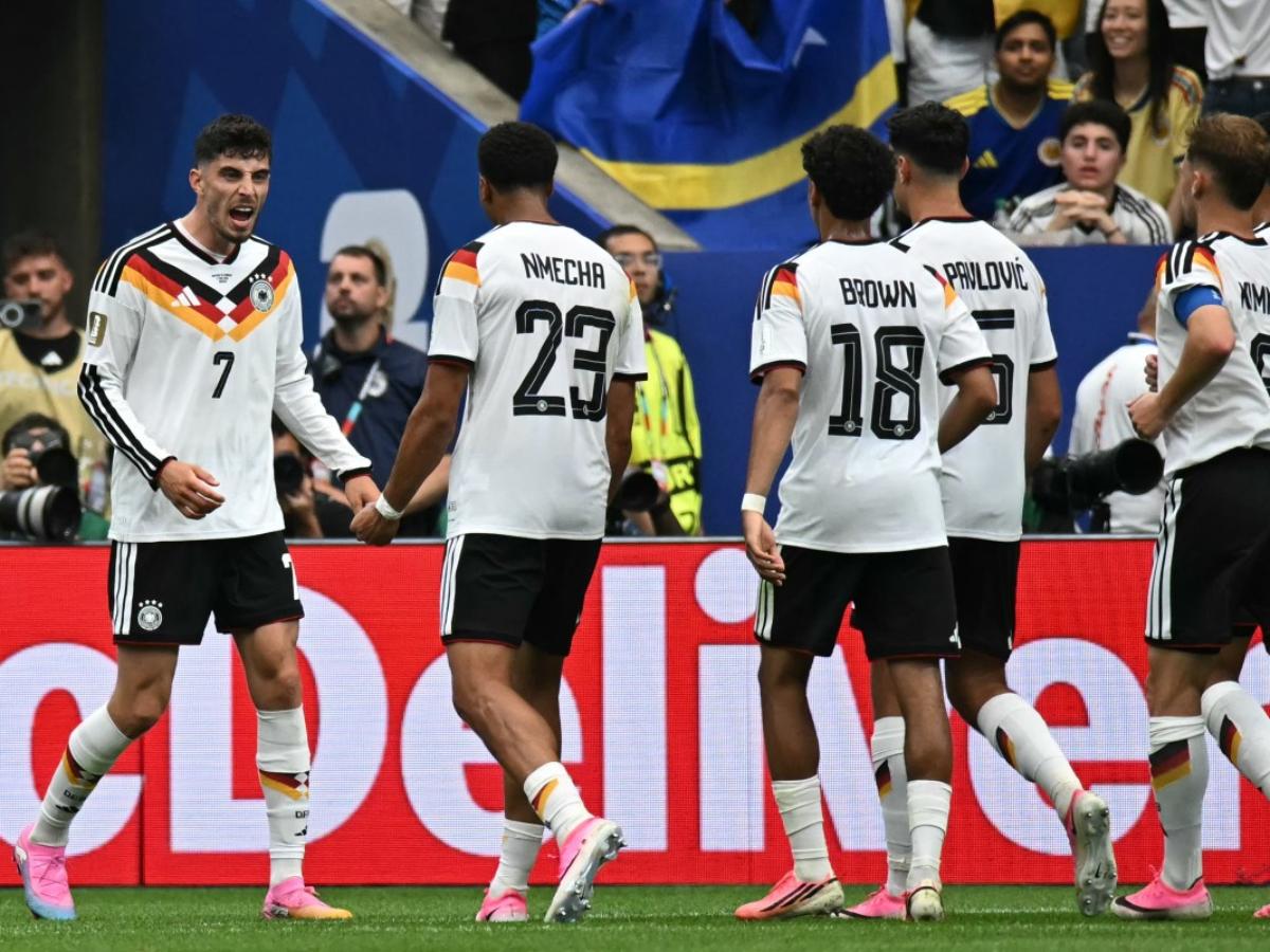 Kai Haverts (izq.) celebra gol de Alemania ante Curacao en el Mundial 2026. Foto AFP