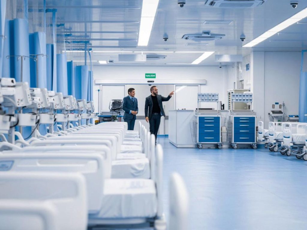 El presidente Nayib Bukele y el director del Hospital Nacional Rosales recorren una de las áreas del nuevo centro médico.