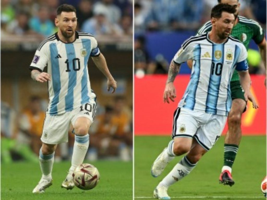 Lionel Messi en los Mundiales de Qatar 2022 (izq.) y Norteamérica 2026 (der.). Foto AFP
