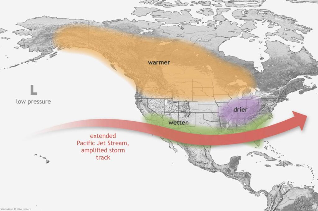 Este mapa muestra los impactos típicos de El Niño en los Estados Unidos continentales y Canadá durante el invierno del hemisferio norte. (Crédito de la imagen: NOAA)